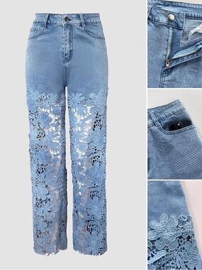 🆕 CHICME | VIRAL Floral Lace-Spliced High Waist Wide-Leg Jeans | Size Medium